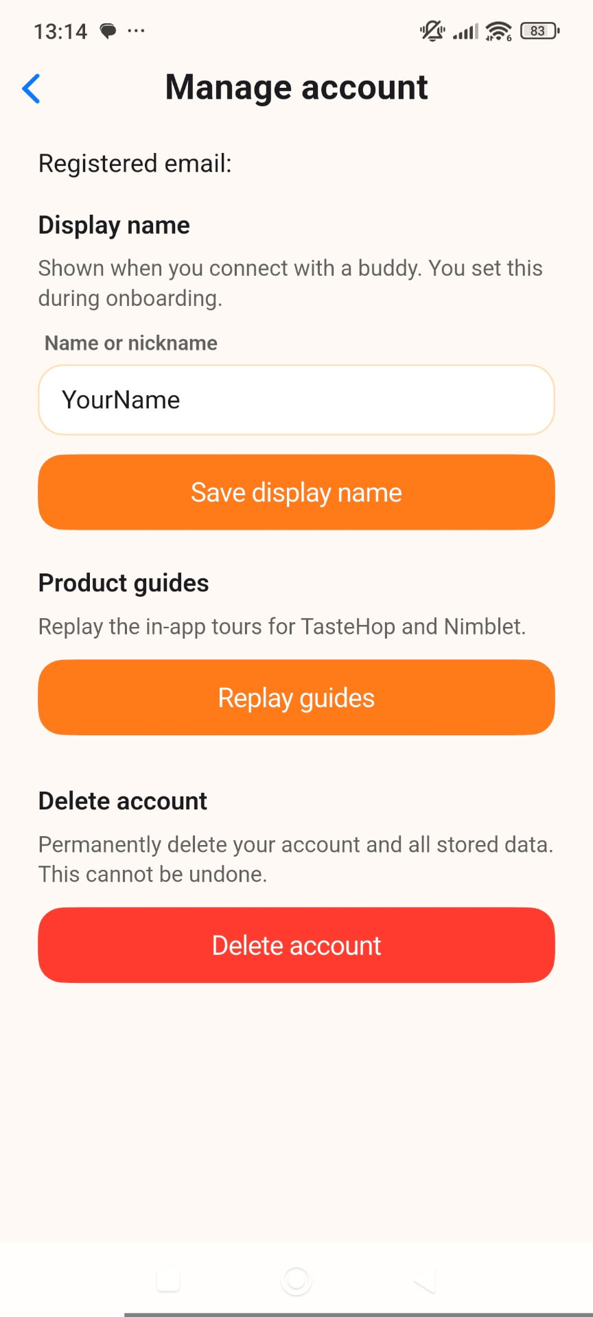 Screenshot of the Manage account screen showing the Delete account button